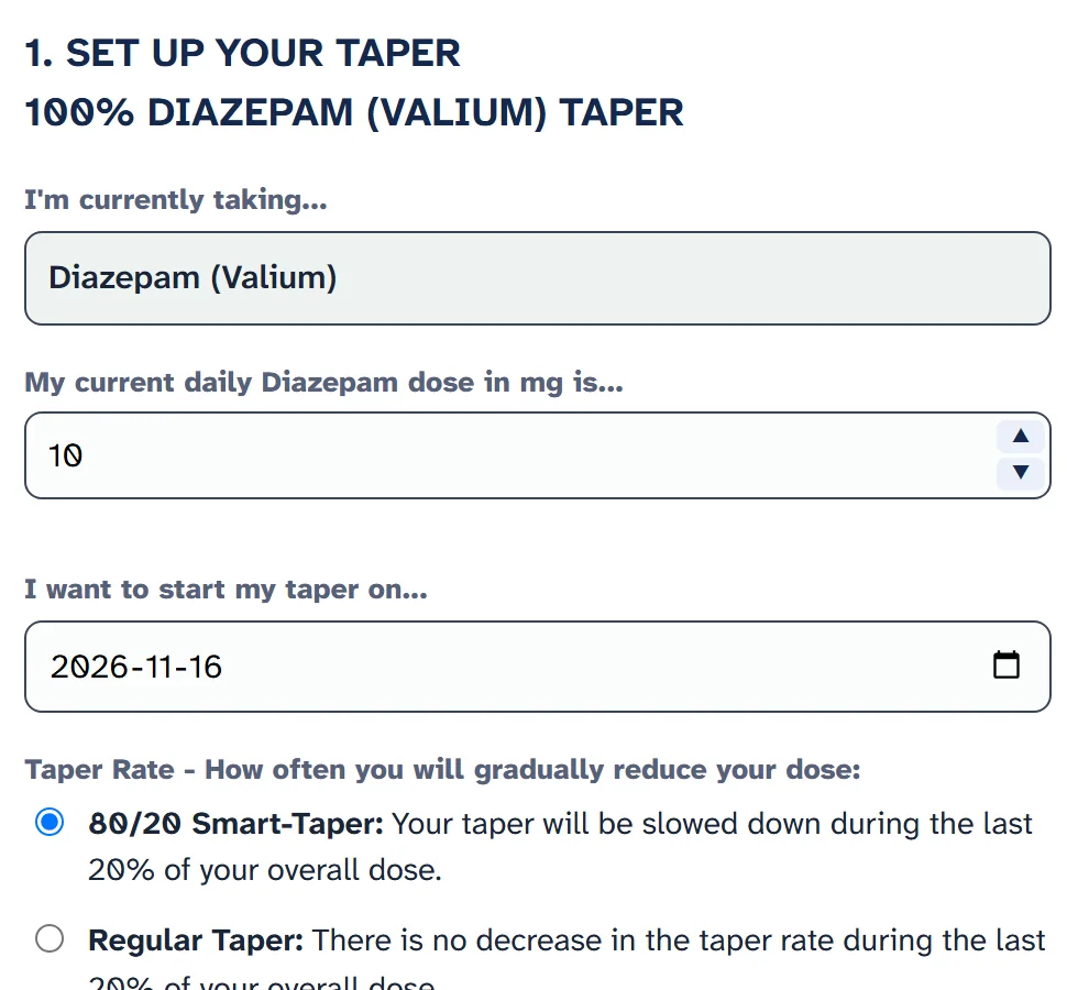 Section 1 of the sheet: Diazepam (Valium), a current daily dose of 10 mg, the start date, and the choice of 80/20 Smart-Taper or Regular Taper.
