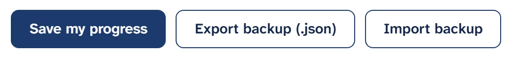 The Save my progress, Export backup (.json) and Import backup buttons.